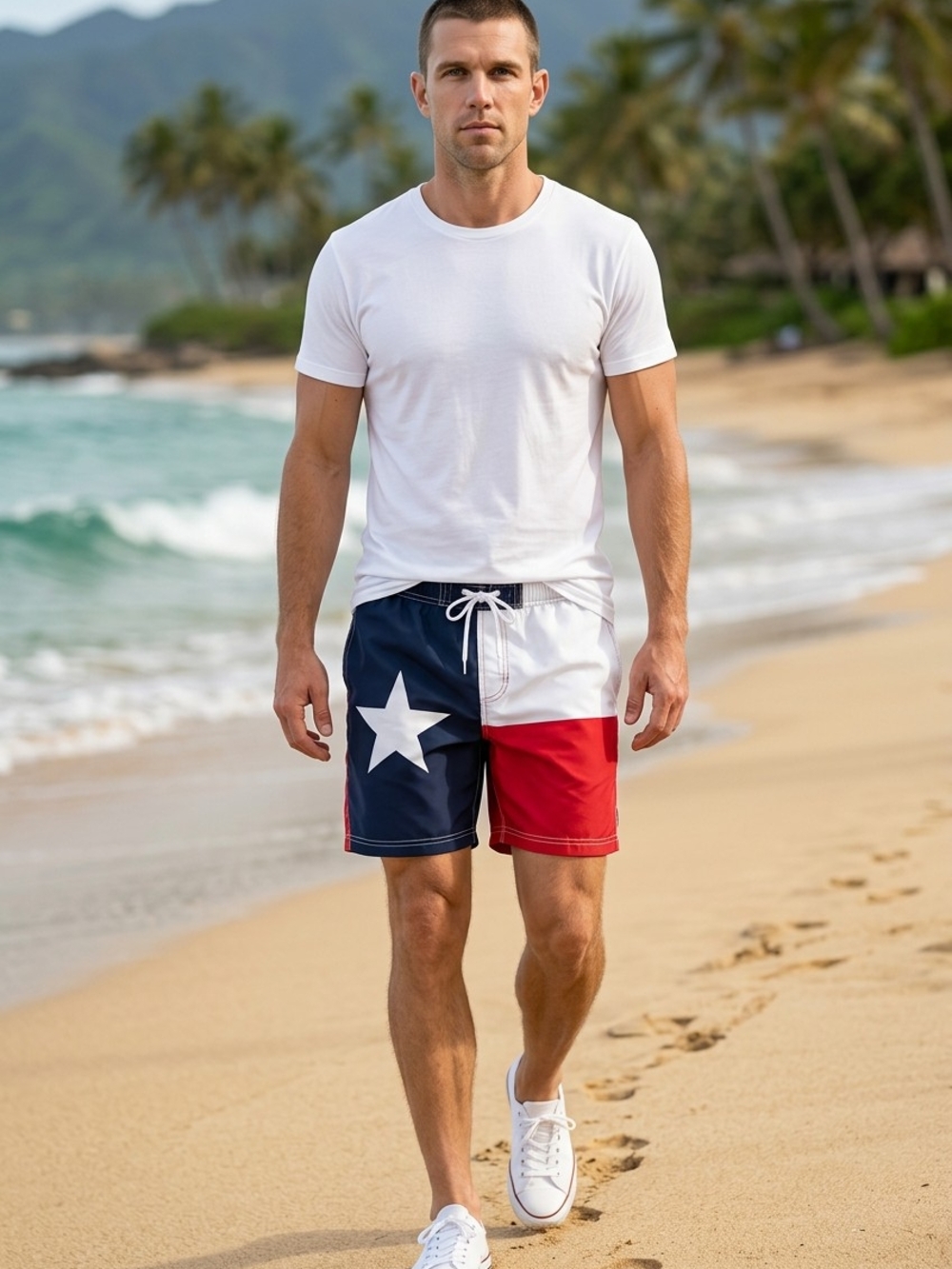 Faded Glory Red, White, and Blue Swim Trunks, Texas State Flag Design XL
